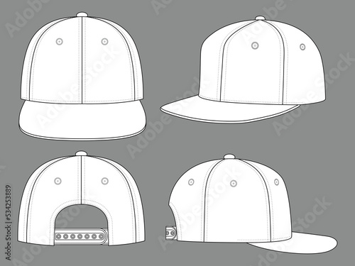 Blank White Hip Hop Cap with Adjustable Snap Back Strap Closure Template on Gray Background, Vector File