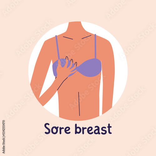 Woman touch her chest, breast pain, cancer symptom, matitis infection, inflammation problem. Flat vecto illustration