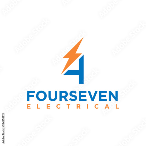 Number 4 With Lighting Thunder Bolt. Electric Bolt Letter Logo Vector Illustration