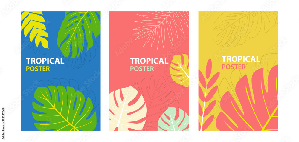 Simple Set of tropical themed posters. Creative composition of Monstera deliciosa tropical leaves. Abstract geometric design template for poster