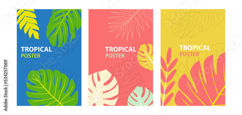 Simple Set of tropical themed posters. Creative composition of Monstera deliciosa tropical leaves. Abstract geometric design template for poster