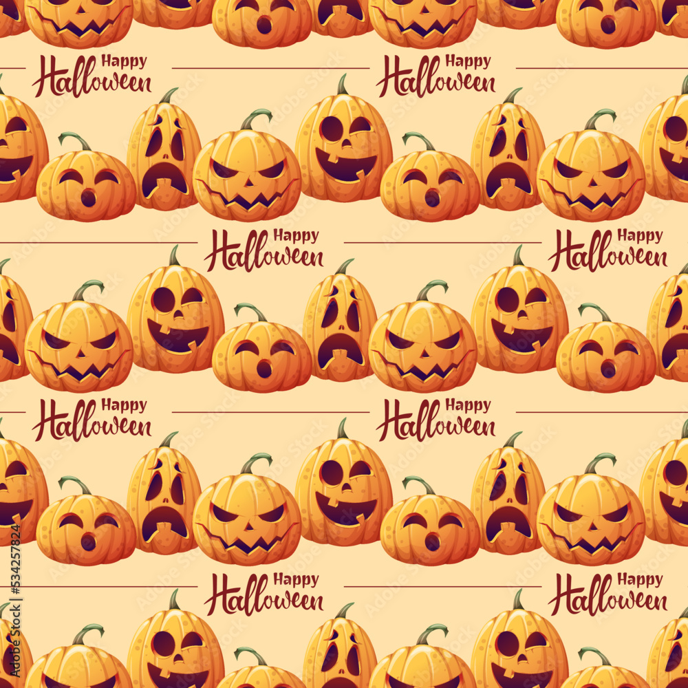 Seamless pattern with Halloween pumpkins on an orange background. Striped background with holiday symbol for textiles, wallpaper, wrapping paper, etc. Seamless pattern with Halloween pumpkins on an orange background. Striped background with holiday symbol for textiles, wallpaper, wrapping paper, etc.