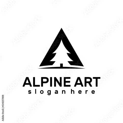 Letter A With alpine wood, mountain logo design template
