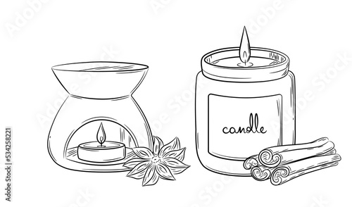 Hand drawn set of candles and diffuser for home fragrance. Line drawing of a simple anise and cinnamon essential oil diffuser. Doodle sketch style. Isolated vector illustration in a linear style.