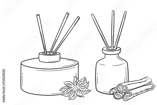 A set of aroma diffusers for the home with the smell of anise and cinnamon. Doodle sketch style. Linear simple aroma diffuser. Isolated vector illustration.