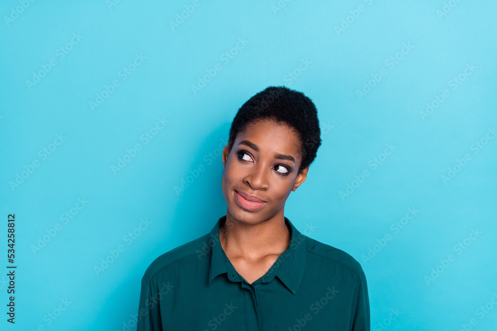 Portrait of attractive minded brunette woman deciding copy space clue guess isolated over bright blue color background Portrait of attractive minded brunette woman deciding copy space clue guess isolated over bright blue color background