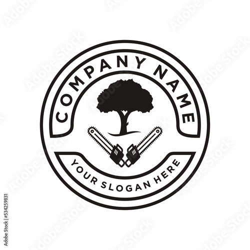 Tree of Life, Chainsaw Stamp Seal Emblem arborist logo design vector