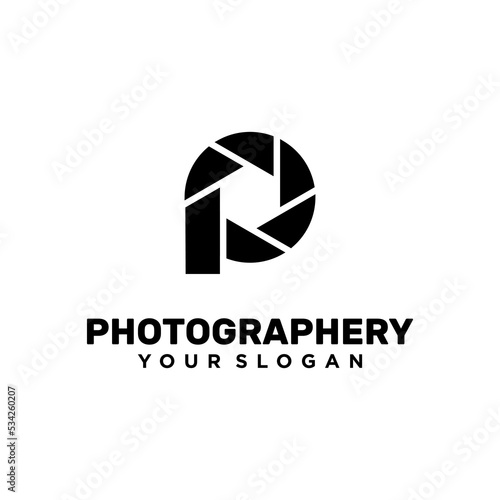 Letter P with lens photography logo design template 