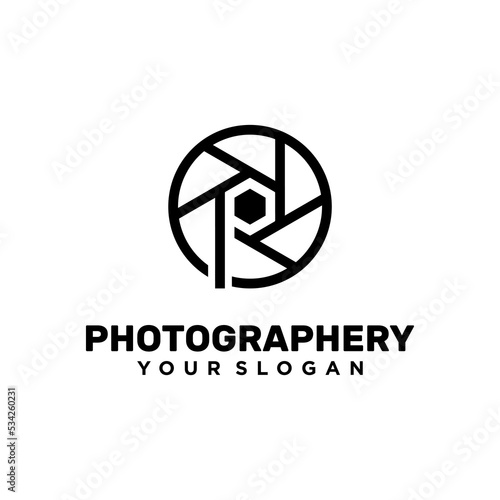 Letter P with lens photography logo design template 