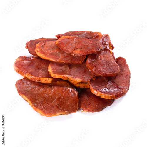 Beef jerky meat on white background