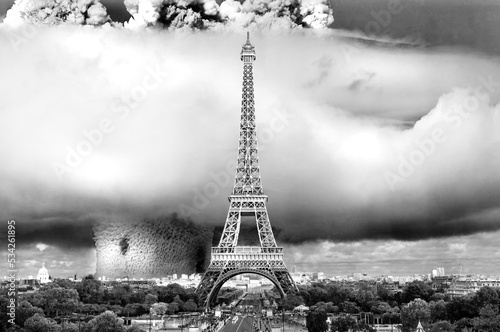 Photo Bombe nucléaire Paris, illustration explosion nucléaire, guerre nucléaire Paris, conflit nucléaire photo nuage atomique Paris tour Eiffel alerte guerre atomique , 3ème guerre mondiale © Artenseo