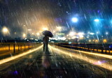  rainy highway at night , lonely man with umbrella  walk on road  city light blurred reflection on horizon road starry sky and moon