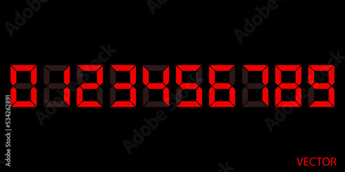 Zero to Nine Red digital electronic clock numbers set. LCD LED digit set for the counter, clock, calculator mockup in flat style design for website, app, UI, isolated on black background. Vector file.