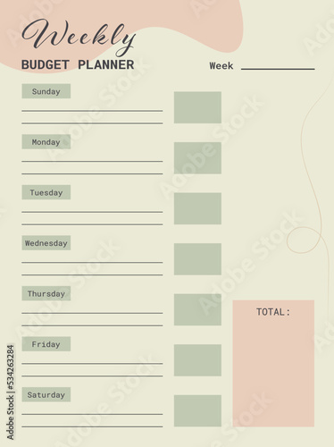 Weekly budget planner, template.