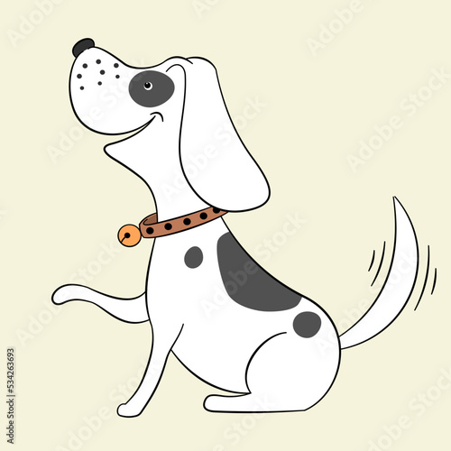 A white cartoon dog with black polka dots sits down and raises its front legs, wags its tail, smiles happily, cute,illustration