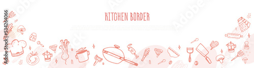Kitchen border decoration for book cover, restaurant illustration, doodle cooking class