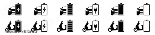 Charging car and motorcycle battery icon vector set. Vehicle battery charge indicator symbol silhouette.