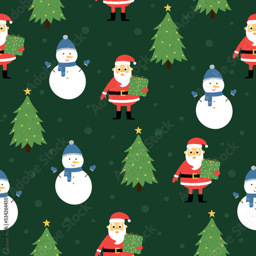 WebSeamless pattern of cute santa claus  snowman and christmas tree on green background. Background for Christmas design.