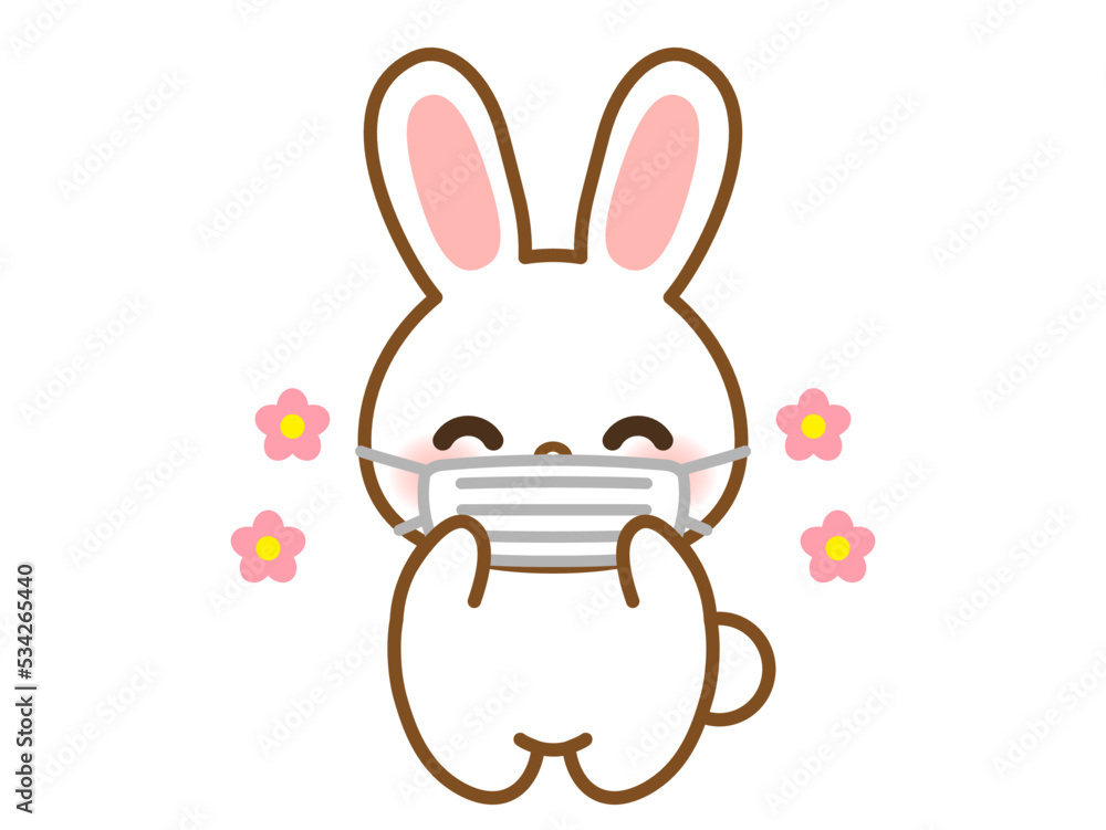 Obraz premium マスクをして感染症対策をするかわいい笑顔のウサギのイラスト素材