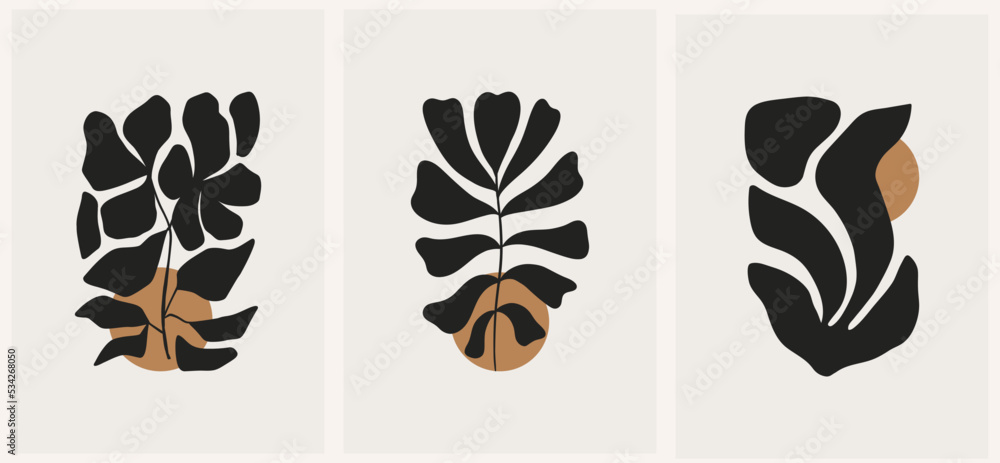 Fototapeta premium Abstract groovy floral posters. Modern trendy Matisse minimal style. Hand drawn design for wallpaper, wall decor, print, postcard, cover, template, banner.