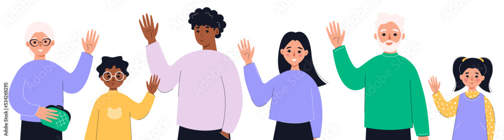 People of different ages saying hello and waving with hand. Concept of smb, society, communication, relationships. Vector flat illustration. People of different ages saying hello and waving with hand. Concept of smb, society, communication, relationships. Vector flat illustration.