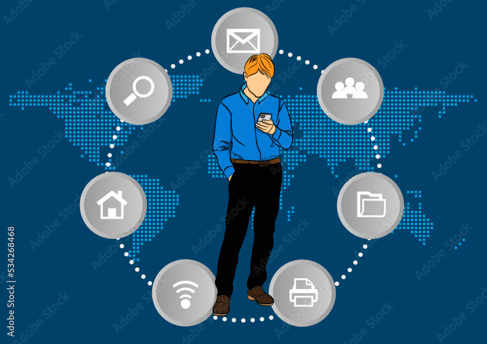 business man holding smartphone connection online vector illustration concept business with phone connection business man holding smartphone connection online vector illustration concept business with phone connection