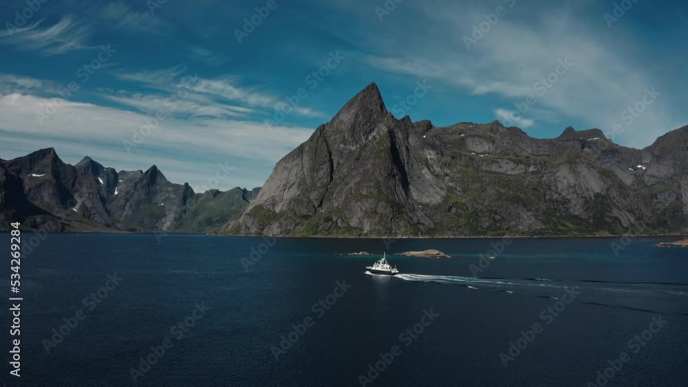 Fishing boat in the hamnoy Lofoten Islands, aerial footage Fishing boat in the hamnoy Lofoten Islands, aerial footage