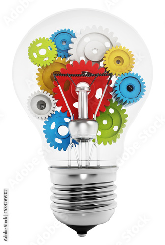Colorful gears inside the light bulb on transparent background