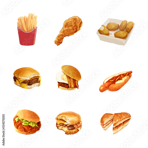 Set of fast food doodle in watercolor style vector illustration