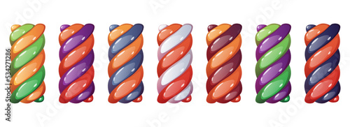 Marshmallow twists set vector illustration. Halloween colored sweet chewy candies.
