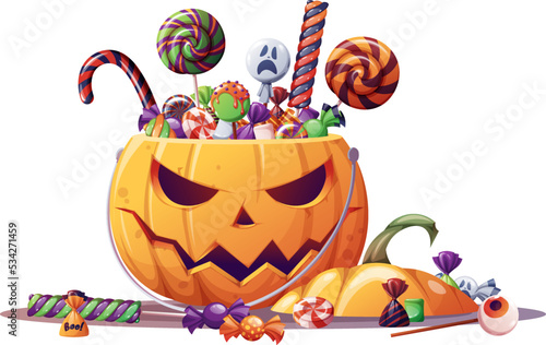 Halloween pumpkin with candies. Pumpkin trick or treat bag. Halloween pumpkin, lollipop and candy. Cartoon sweets pumpkin basket, lollipops,treats and candy cane vector illustration.