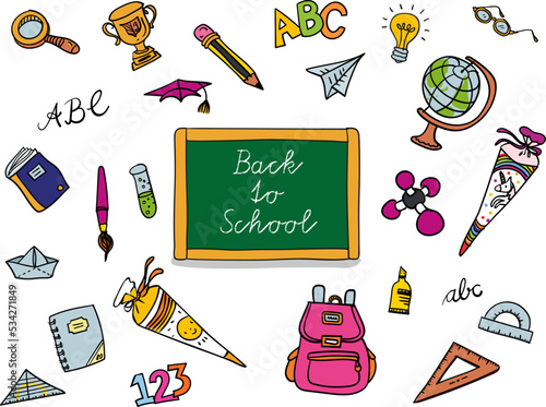 Back to school -school supplies like rulers, pencils, cones, backpack, notebook, lightbulb, brushes and ABC - around a blackboard - colorful hand-drawn cartoon for banner or greeting card.