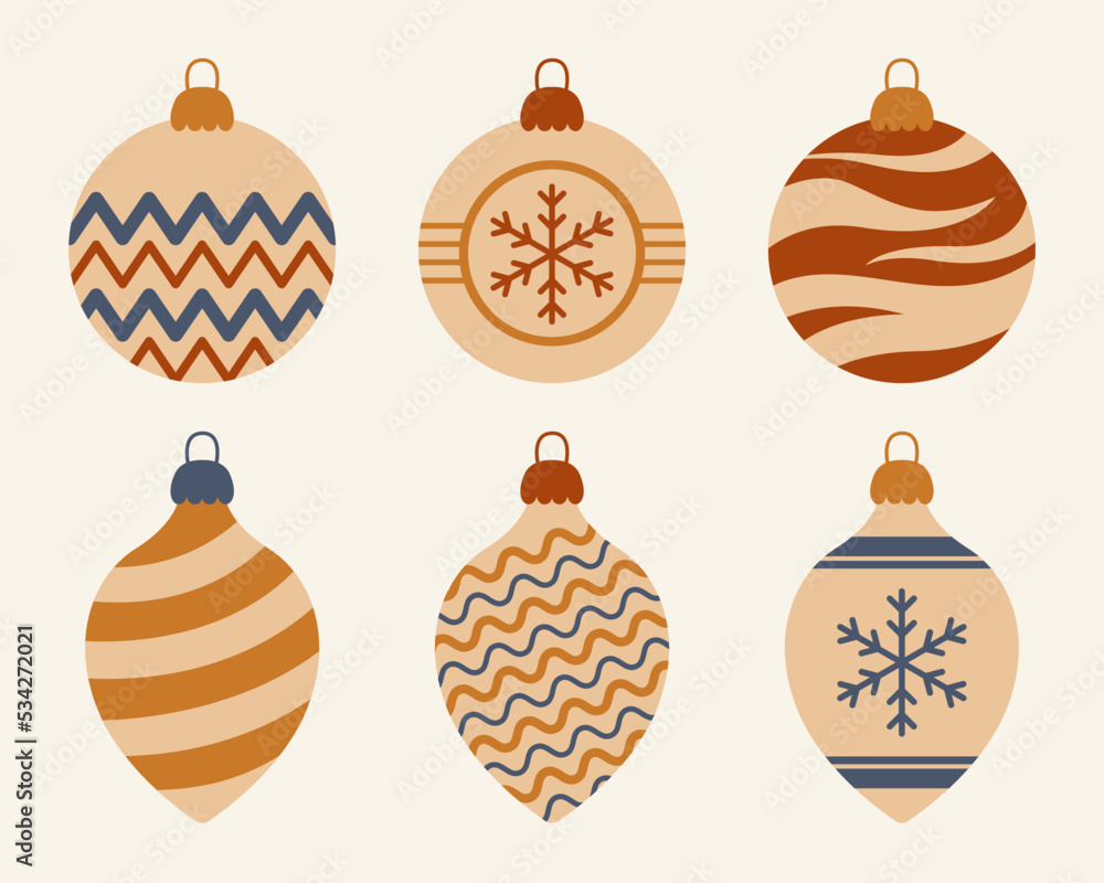 Christmas tree balls collection in retro 70s style isolated on white background. Vector illustration. Christmas tree balls collection in retro 70s style isolated on white background. Vector illustration.