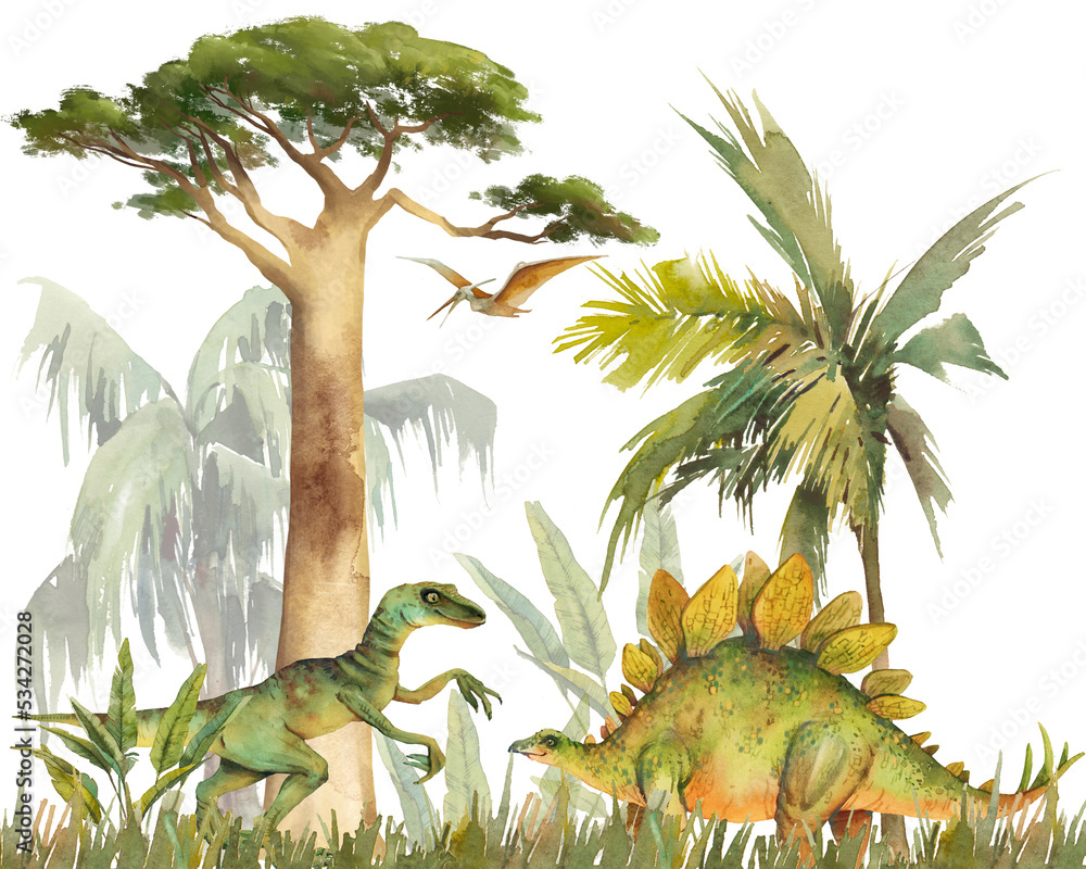 Fototapeta Cartoon dinosaurs illustration for wall art, cards, poster. Jurassic scene with reptiles: stegosaurus, velociraptor, pterosaur