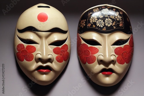 Fotografia Painted traditional japanese kabuki theater mask made of ceramic, wood, lacquer and clay