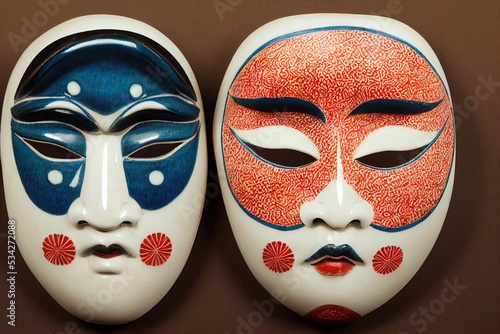Obraz na plátně Painted traditional japanese kabuki theater mask made of ceramic, wood, lacquer and clay