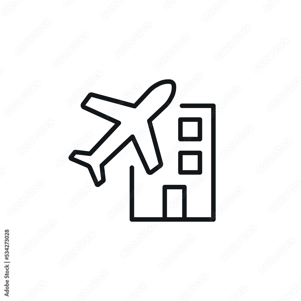 Hotel and plane linear icon. Thin line customizable illustration. Contour symbol. Vector isolated outline drawing. Editable stroke