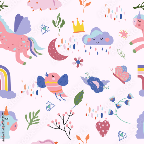 Seamless pattern with magic Unicorn, colorful bird, cloud, wild flowers and leaves. Bright pattern can be used as textile, wrapping, wallpaper, banner and other. Vector illustration. 