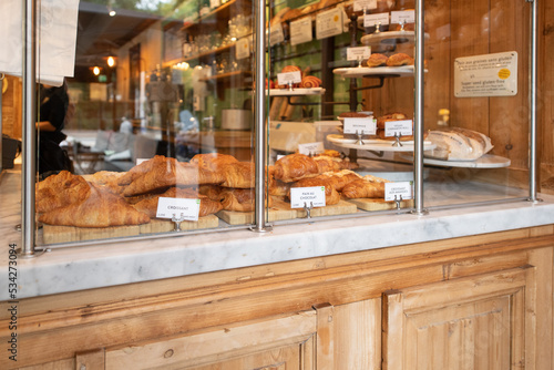 Looking through the window of a French bakery
