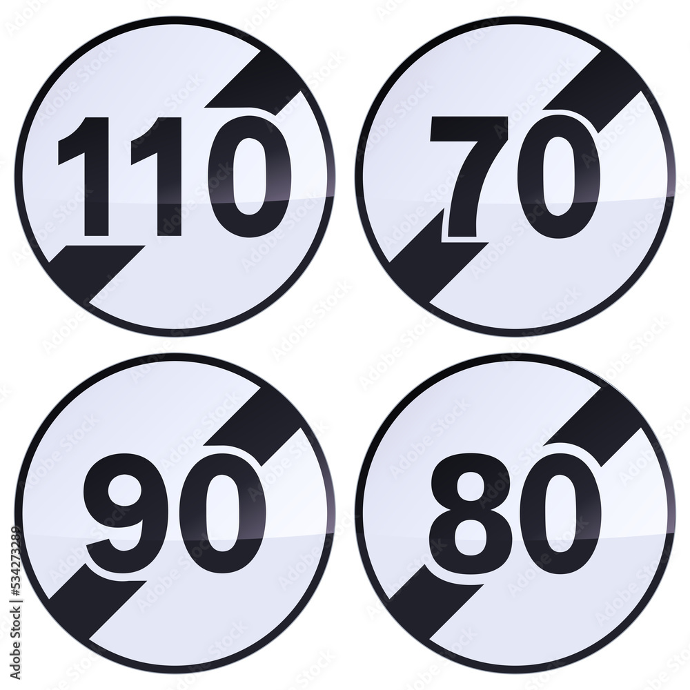 Collection of round black and white speed limit end prohibition signs at 110,90,80 and 70 (metal reflection) Collection of round black and white speed limit end prohibition signs at 110,90,80 and 70 (metal reflection)