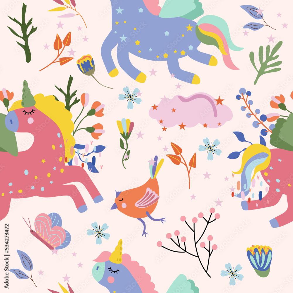 Seamless pattern with magic Unicorn, colorful wild flowers and leaves, cloud, butterfly. Cute pattern can be used as textile, fabric, wallpaper, banner and other. Vector illustration