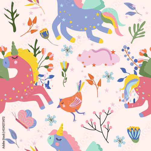 Seamless pattern with magic Unicorn, colorful wild flowers and leaves, cloud, butterfly. Cute pattern can be used as textile, fabric, wallpaper, banner and other. Vector illustration