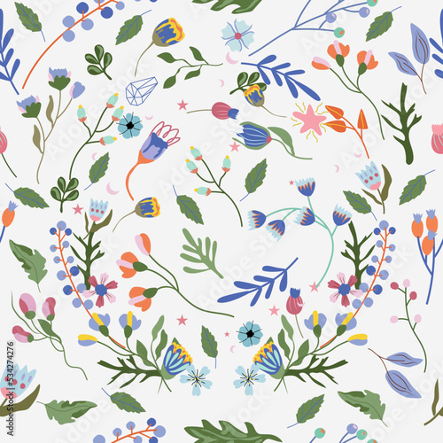 Seamless pattern with colorful wild flowers and leaves. Pastel pattern can be used as textile, fabric, wallpaper, banner and other. Vector illustration