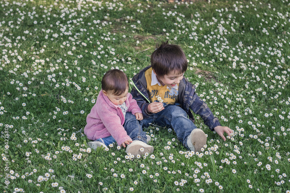 Boy and girl play together in great complicity, exploring nature, both sitting on the ground in a park full of flowers. Happy childhood, friendship, sharing and learning concept. Boy and girl play together in great complicity, exploring nature, both sitting on the ground in a park full of flowers. Happy childhood, friendship, sharing and learning concept.
