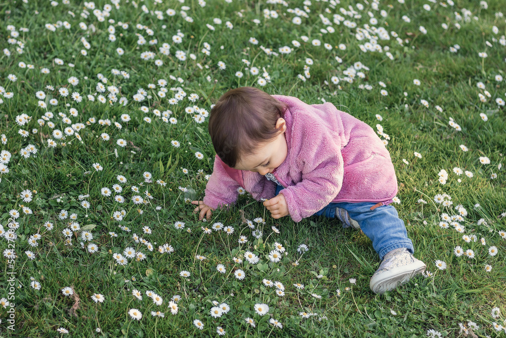 Baby girl, playing and exploring nature, sitting on the ground in a park full of flowers. Happy childhood concept, contact with nature. Baby girl, playing and exploring nature, sitting on the ground in a park full of flowers. Happy childhood concept, contact with nature.