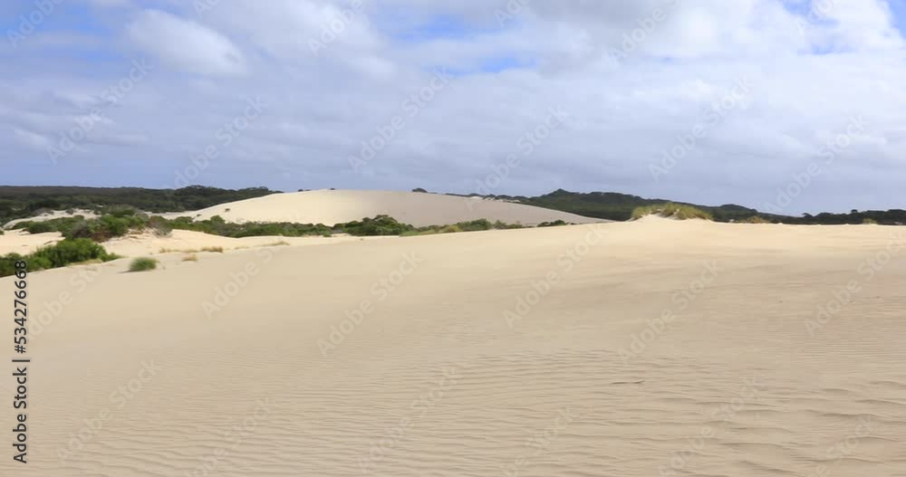 Right to left panning motion of Little Sahara which is a naturally occurring inland Dune-field near the coastline of Kangaroo Island, It is around 2.5 square kilometres large, South Australia Right to left panning motion of Little Sahara which is a naturally occurring inland Dune-field near the coastline of Kangaroo Island, It is around 2.5 square kilometres large, South Australia