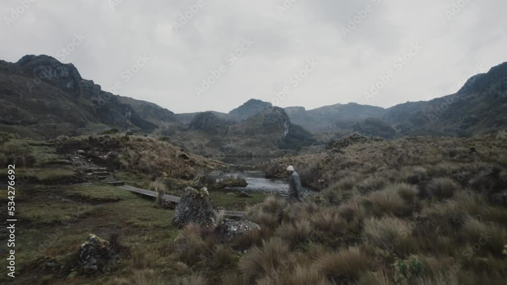Man walking through the mountains of South America in Cuenca, Ecuador, Drone footage of a lake Man walking through the mountains of South America in Cuenca, Ecuador, Drone footage of a lake