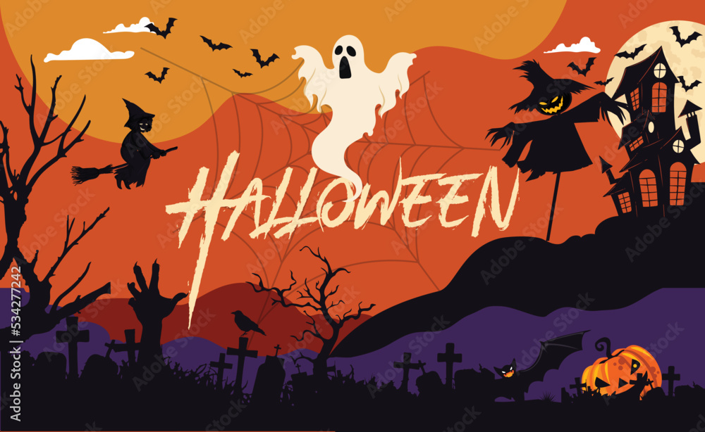 Happy Halloween party banner for October event, orange purple background and scary smiling pumpkin, white ghost, flying black bats, scarecrow, creepy witch. Graveyard night. Halloween Trick or treat.