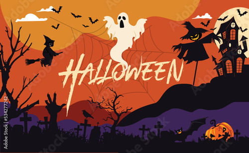Happy Halloween party banner for October event, orange purple background and scary smiling pumpkin, white ghost, flying black bats, scarecrow, creepy witch. Graveyard night. Halloween Trick or treat.