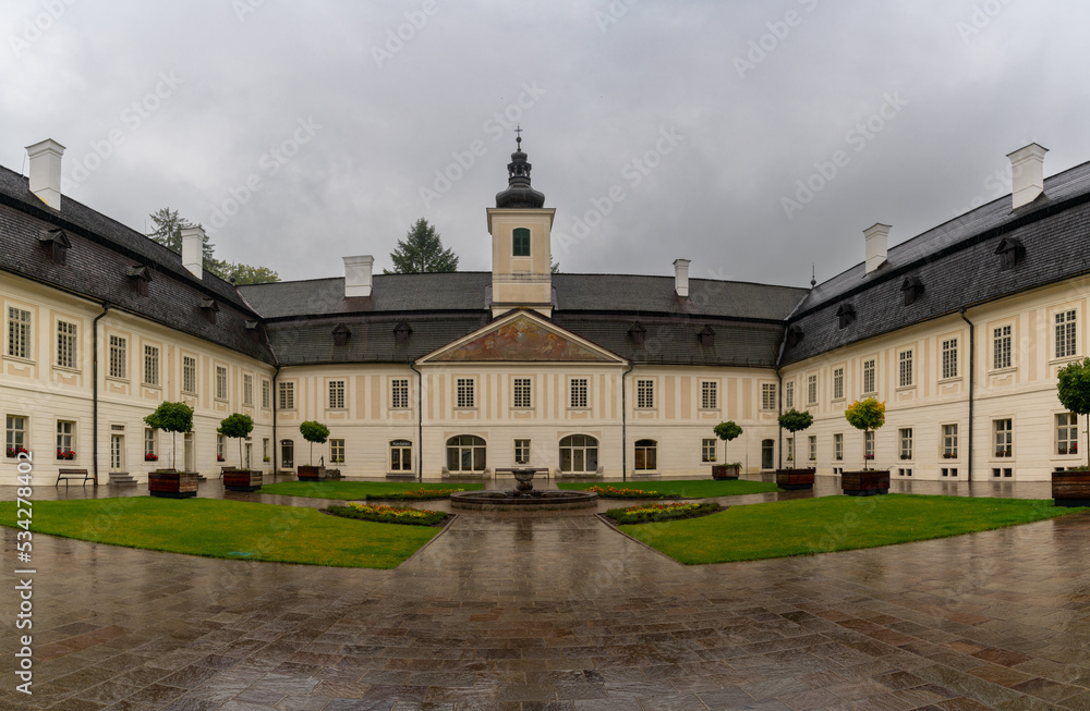 view of the spacious courtyard and entrance of the manor House in Svaty Anton in Slovakia
